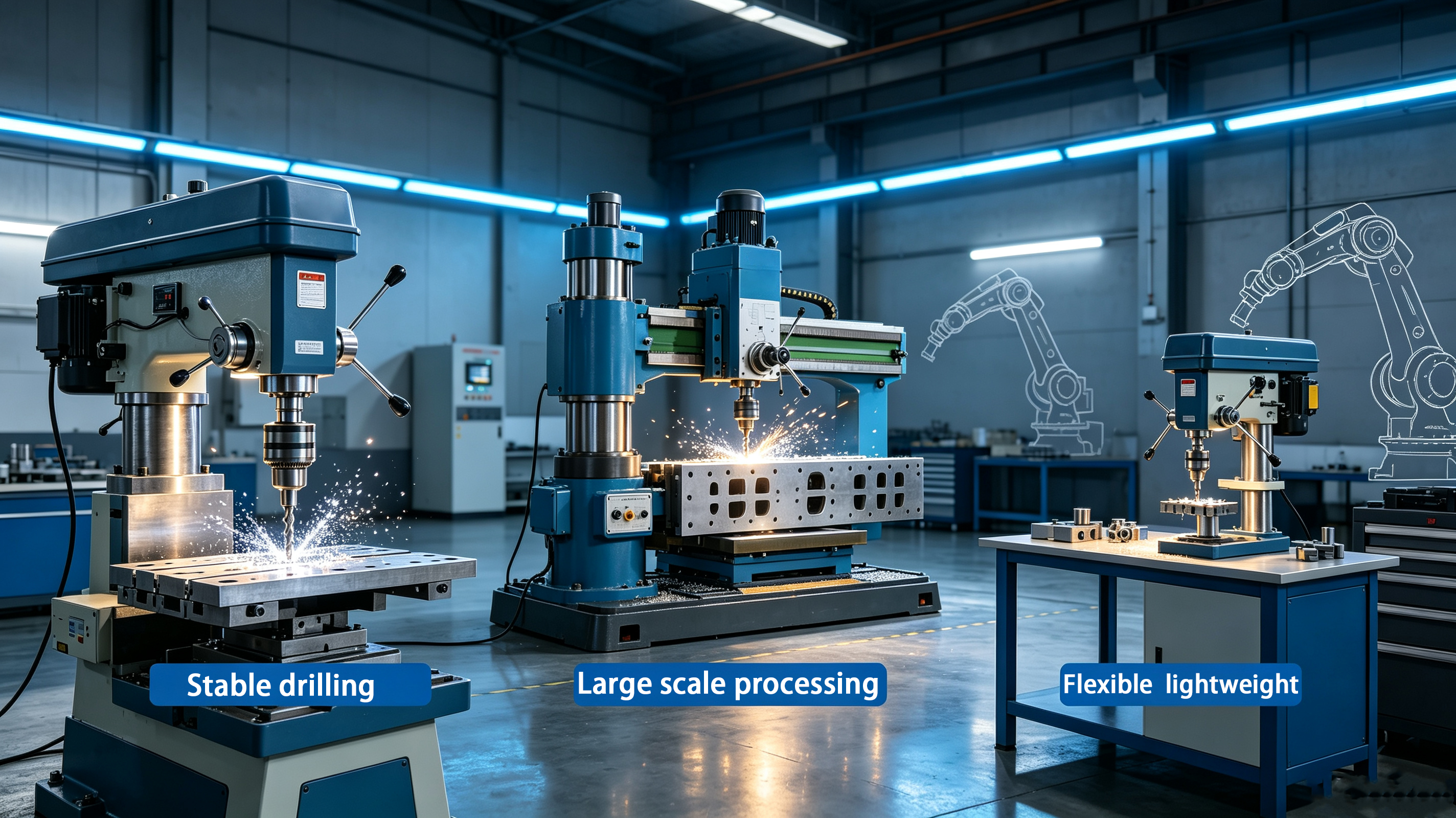 Comparison of vertical drilling machine, radial drilling machine, bench drill